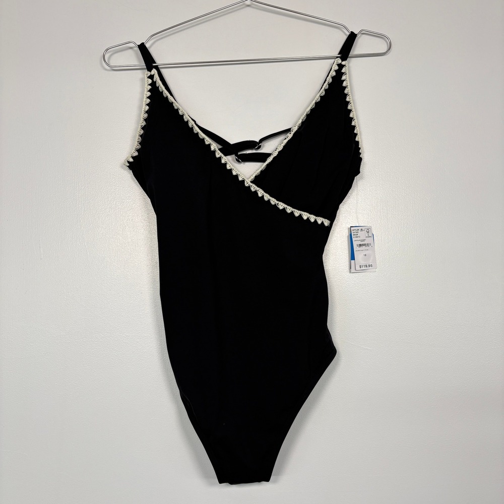 NWT Lands' End Women One Piece Swimsuit 10 Black Crochet Trim V-Neck 547265